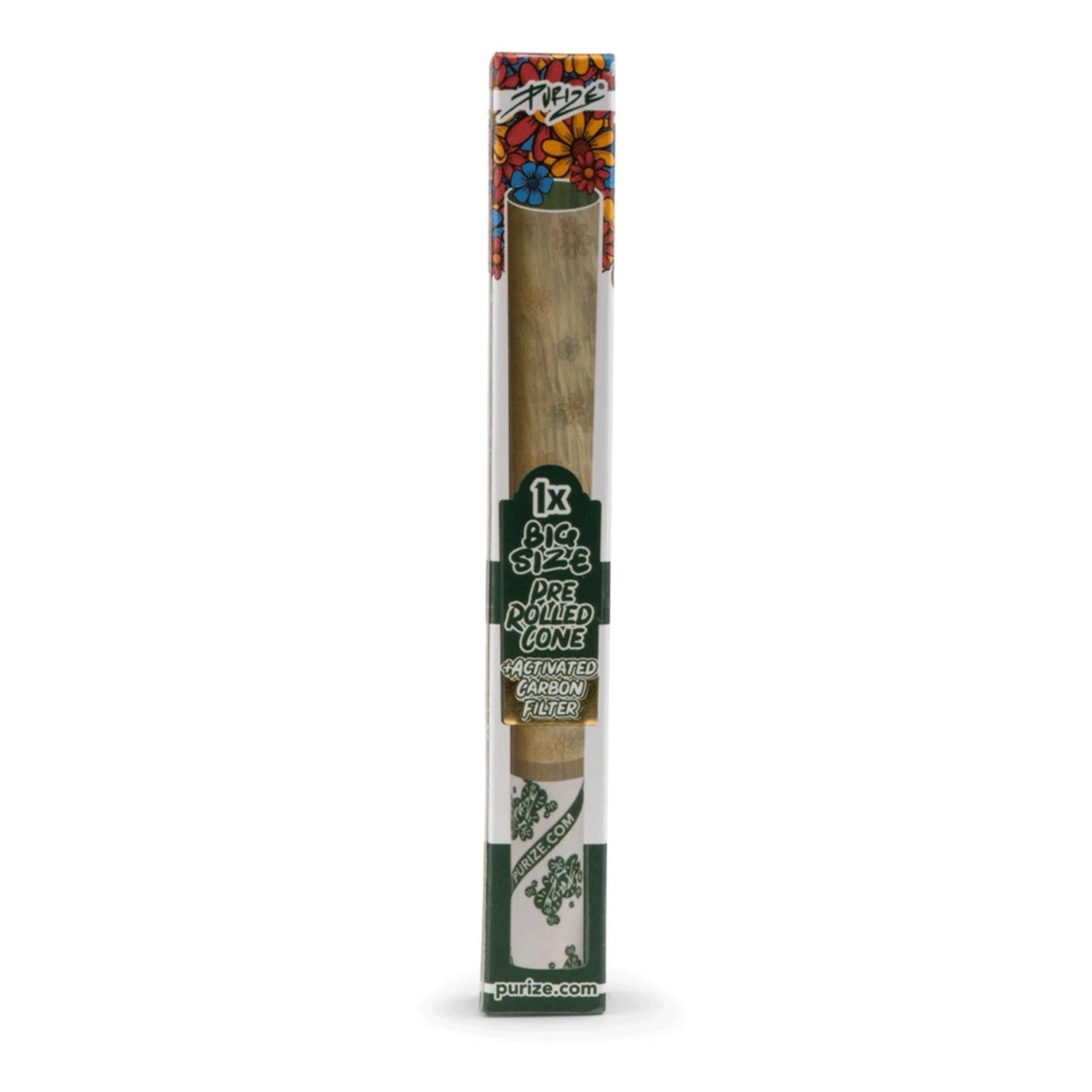 PURIZE Big Size Pre Rolled Cone mit Aktivkohlefilter, Einzelverpackung mit Blumen-Design, Sichtfenster und PURIZE Logo